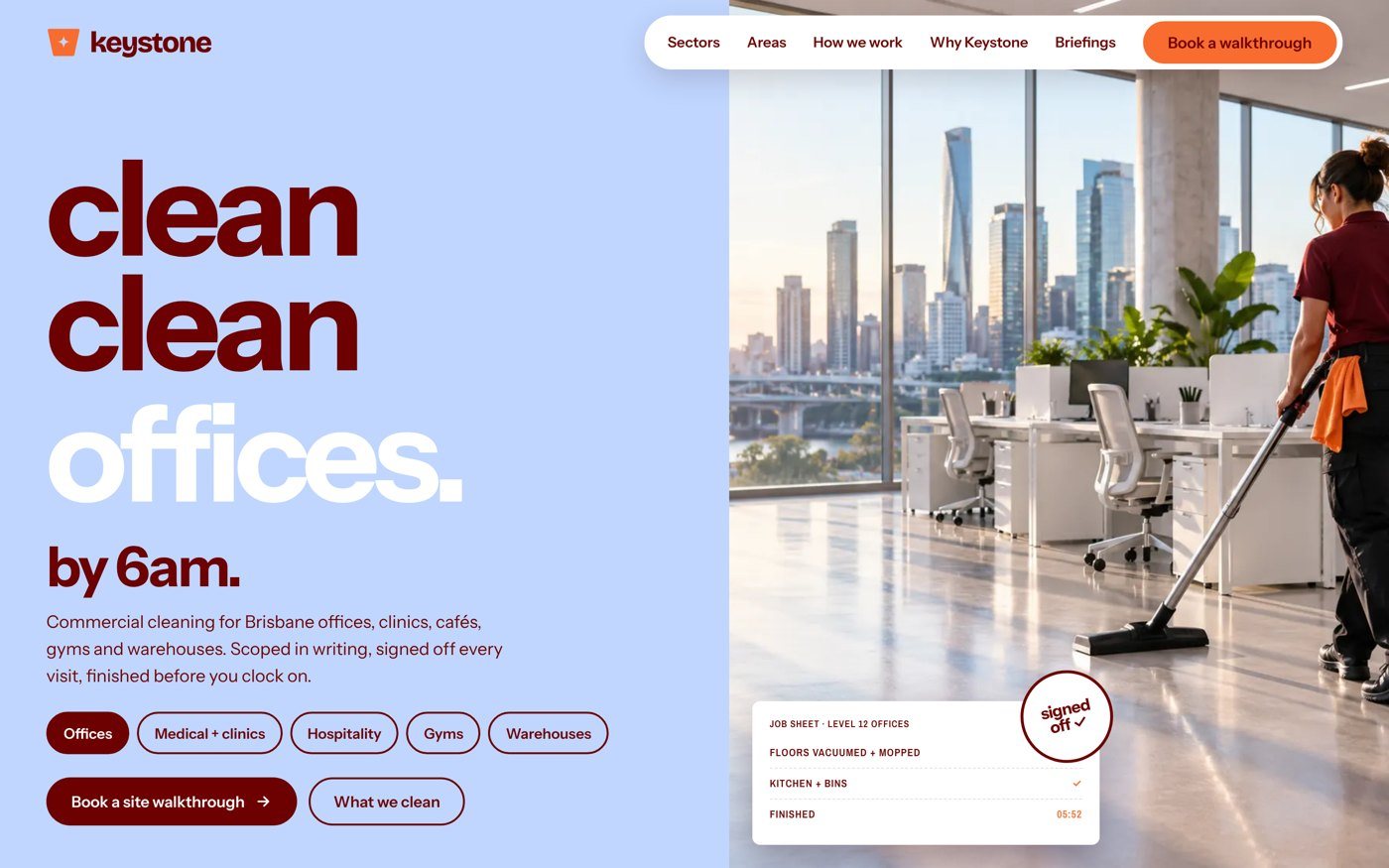 The Keystone Facility Services website: clean clean offices by 6am, rebranded and designed by Fine Mess